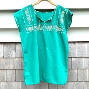 Teal Green Top With Embroidery Detail, Cotton